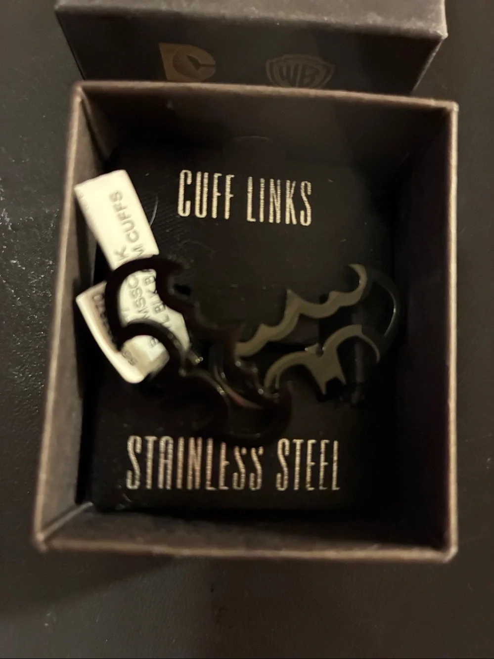 Black Bat Wings Steel Cuff Links.DC Comics Black Box with Gold DC and WB Logos